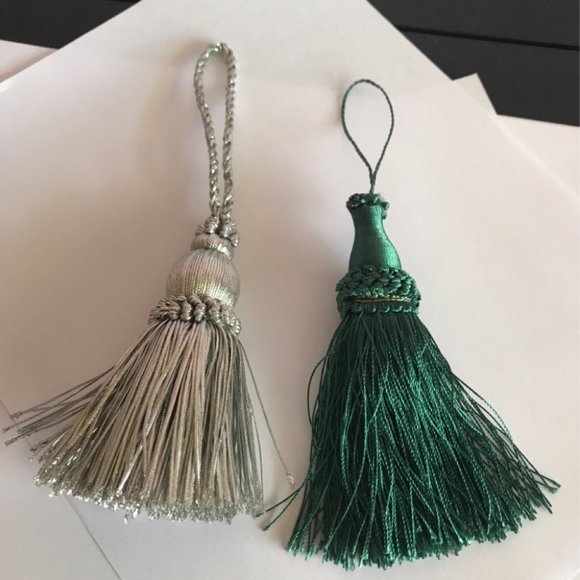 2 Tassel with Fringe 7.5" Green & Silver Color For Curtains or Other Decor - Picture 1 of 4